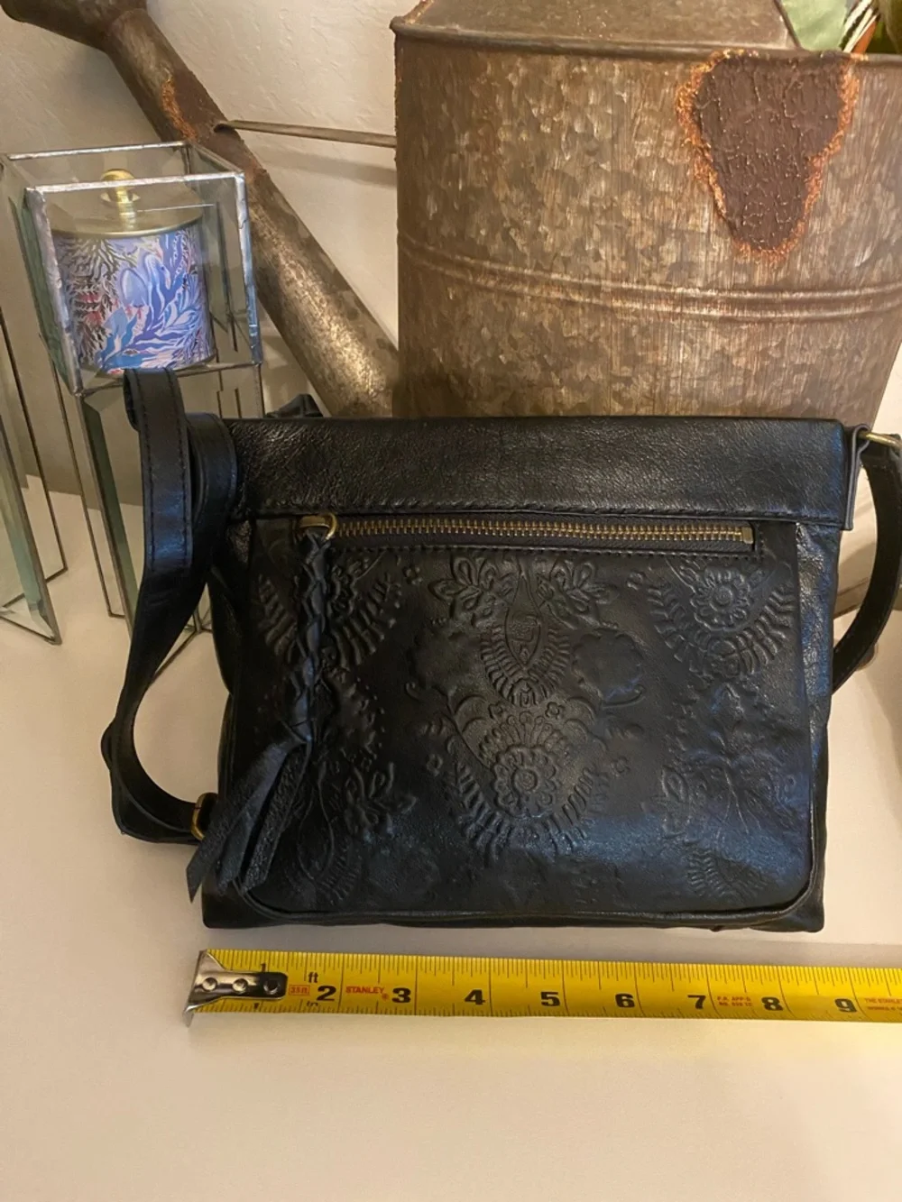 The Sak Sanibel Black Leather Floral Embossed Mini Crossbody w/ Gold Hardware - Picture 10 of 11